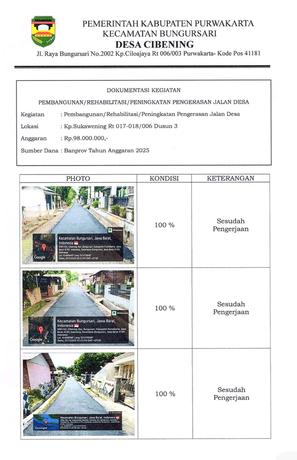 Realisasi Bantuan Keuangan Kegiatan Pembinaan Penyelenggaraan Pemerintahan Desa Cibening Kecamatan Bungursari Kabupaten Purwakarta Provinsi Jawa Barat Tahun Anggaran 2025